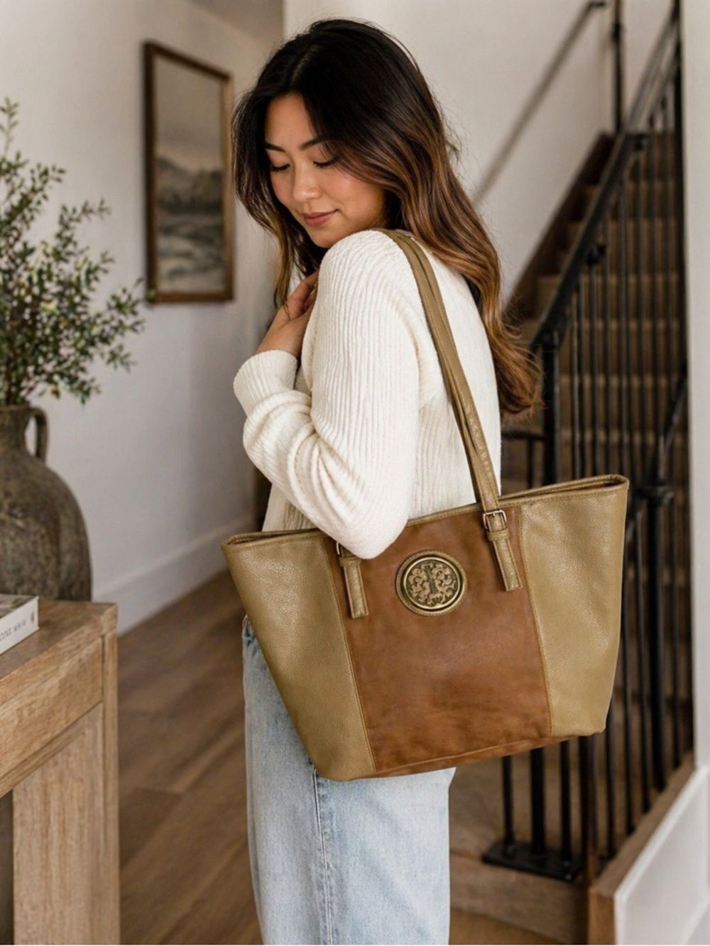 Two-Tone Neutral Tote Bag • Quiet Luxury Minimalist Style
